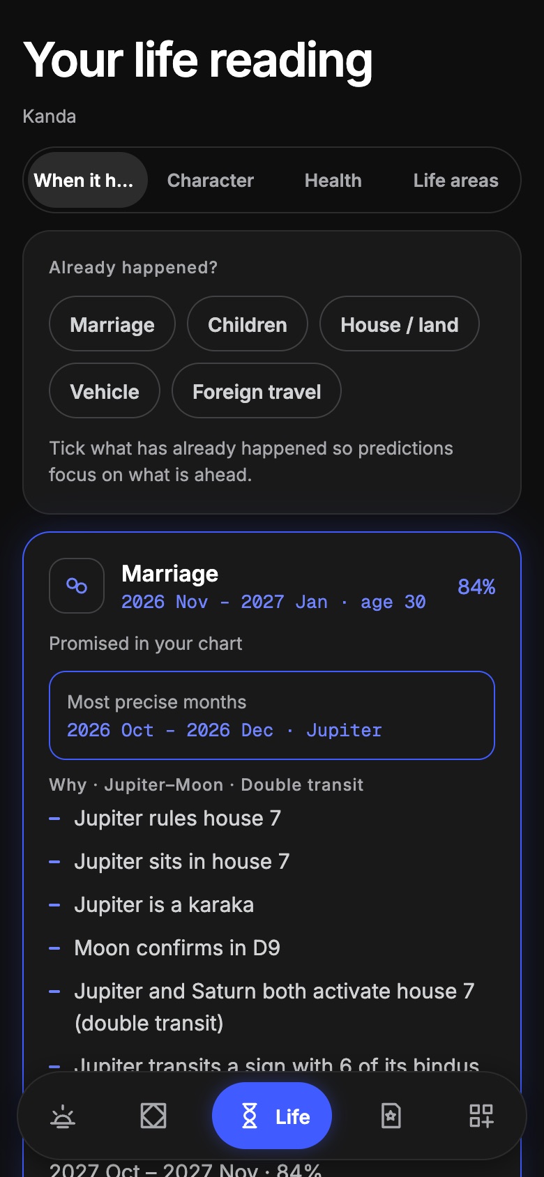 Life reading showing marriage window with reasons
